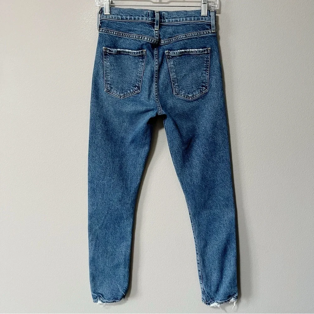 Agolde Toni Mid Rise Straight Jeans Medium Blue Size 24 Distressed